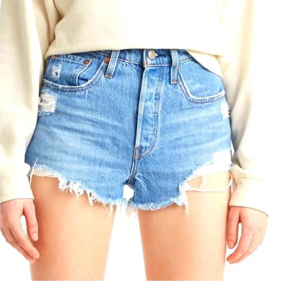 LEVI’S 501 Distressed Light Wash Blue Jean High Waisted Cutoff Summer Shorts - Picture 1 of 10